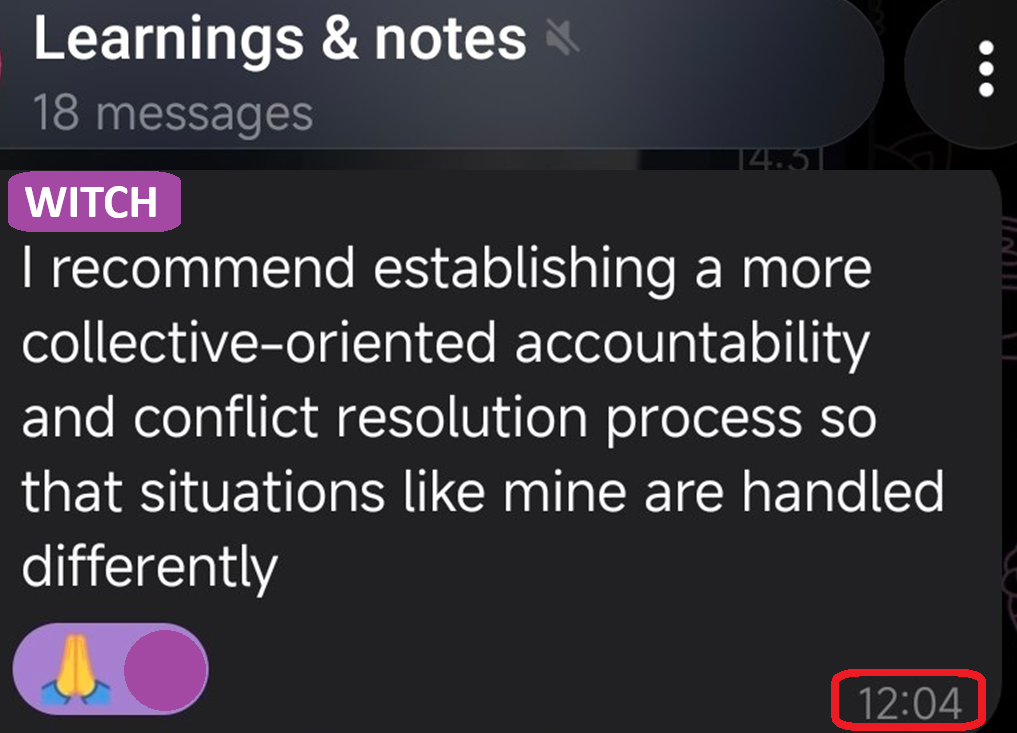 Screenshot of a message in the 'Learnings & notes' chat, timestamped 12:04, reading: I recommend establishing a more collective-oriented accountability and conflict resolution process so that situations like mine are handled differently.